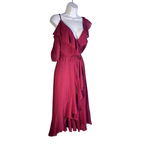 Yumi Kim Womens Cold Shoulder Ruffled Wrap Dress‎ Burgundy Swing Size Small - Picture 4 of 7